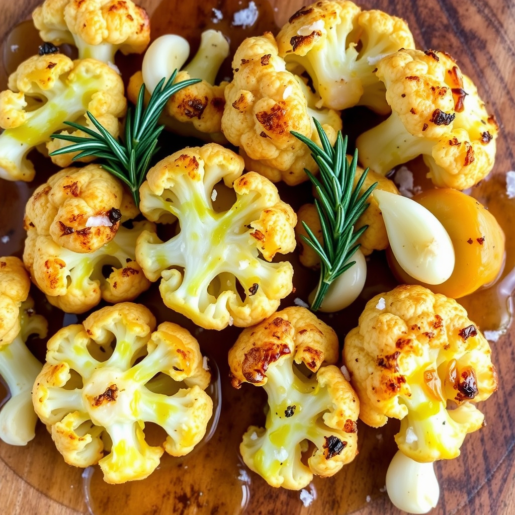 Oven-roasted cauliflower seasoned with olive oil, garlic, and rosemary.