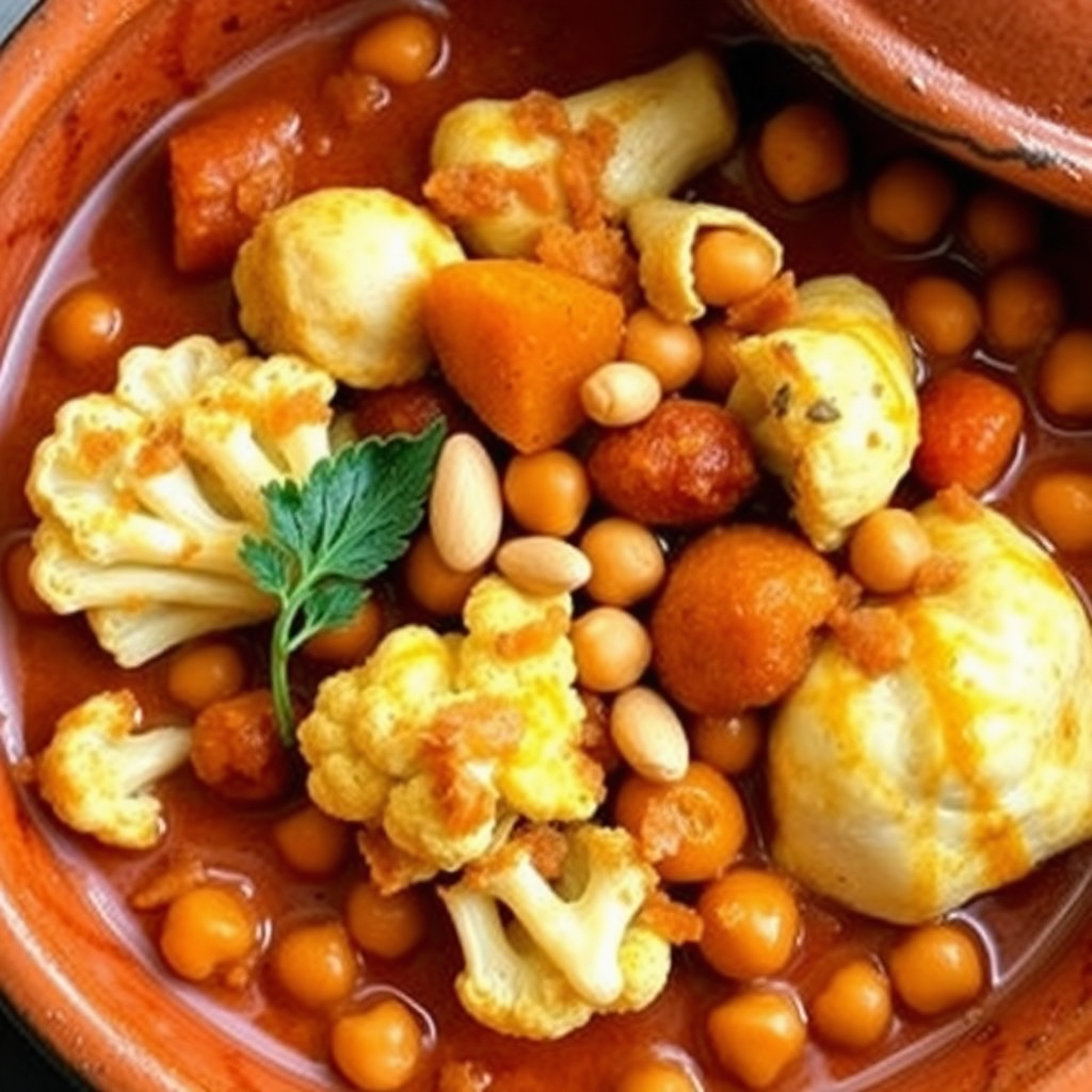 Hearty Moroccan cauliflower tagine with chickpeas and apricots in a rich tomato sauce.