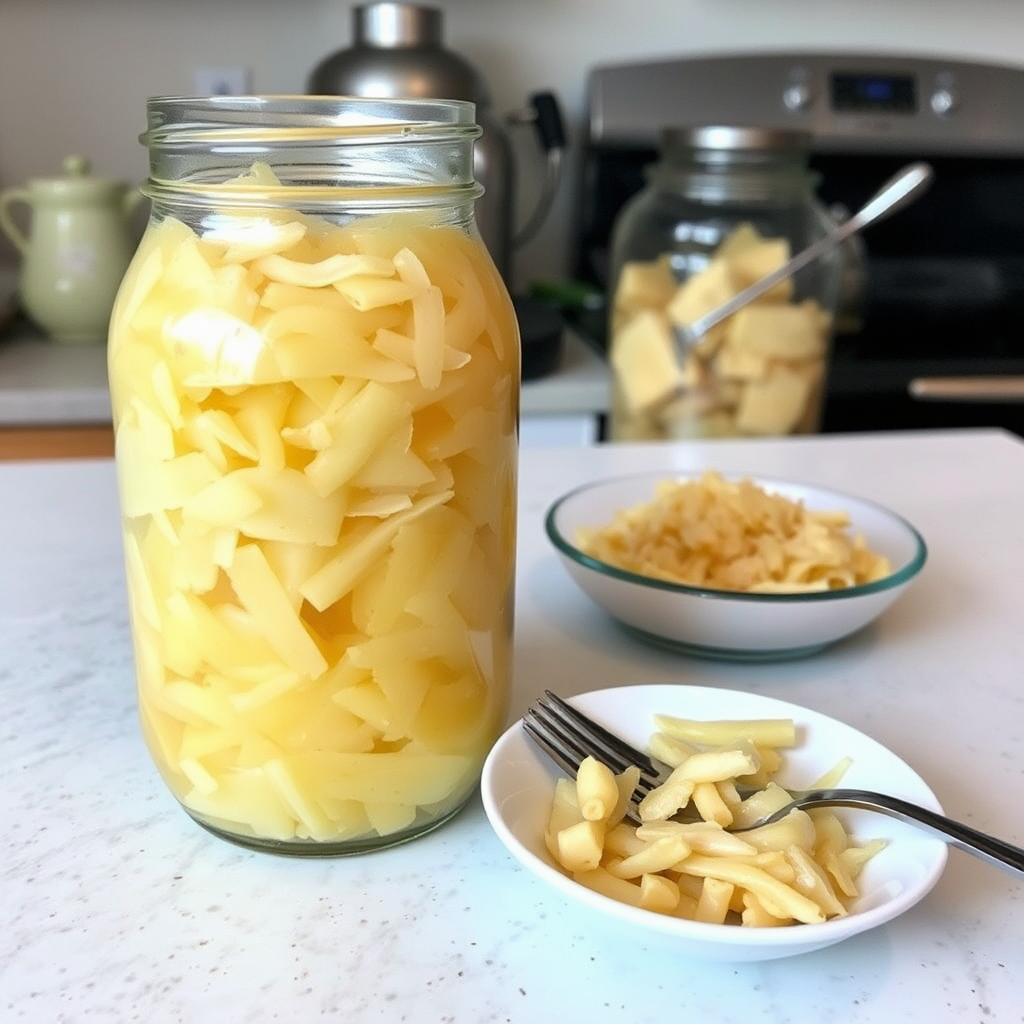 A jar of homemade sauerkraut made with fermented cabbage, sitting on a kitchen counter.