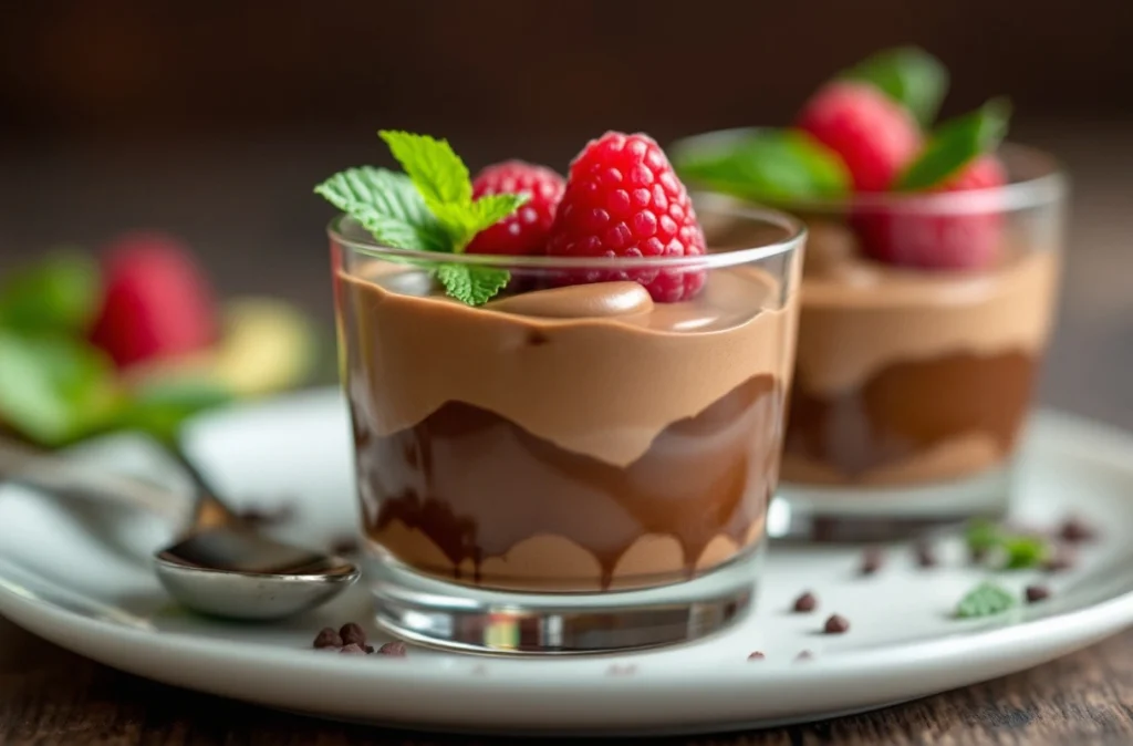 Chocolate avocado mousse dessert topped with raspberries