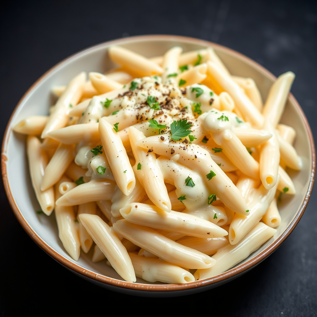 Creamy cauliflower Alfredo pasta garnished with fresh parsley and black pepper.