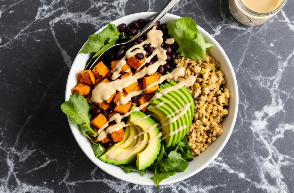 Sweet potato and black bean Buddha bowl with tahini