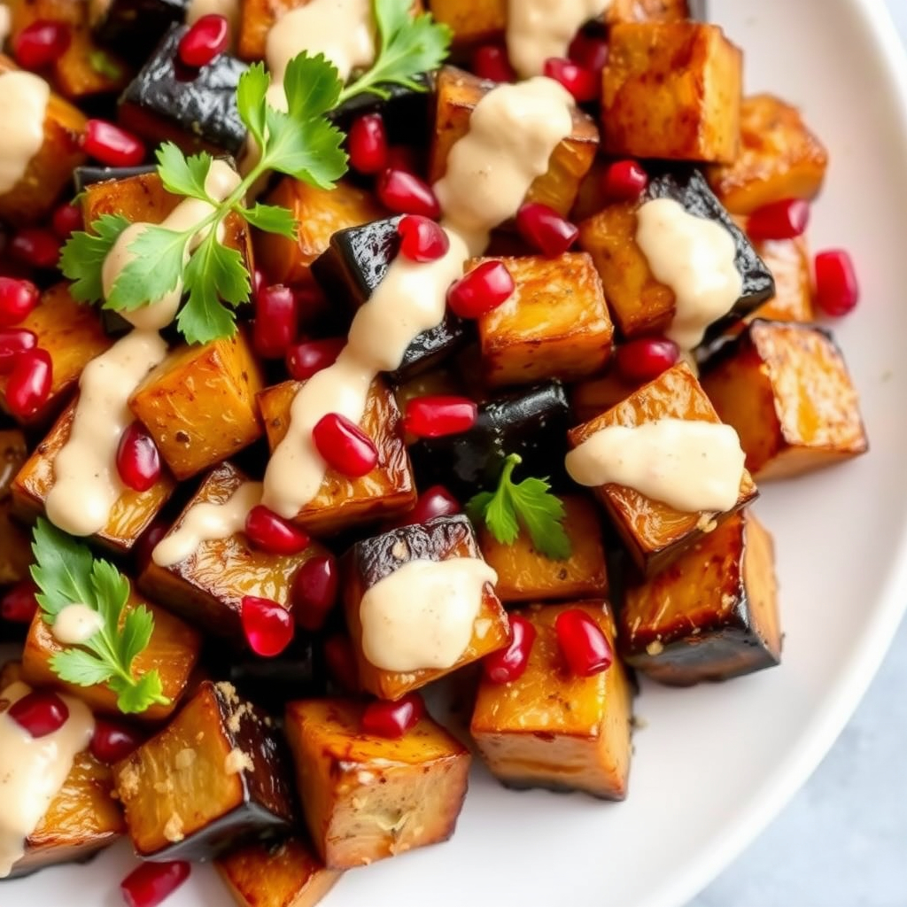 Sautéed eggplant cubes drizzled with tahini dressing and sprinkled with pomegranate seeds.