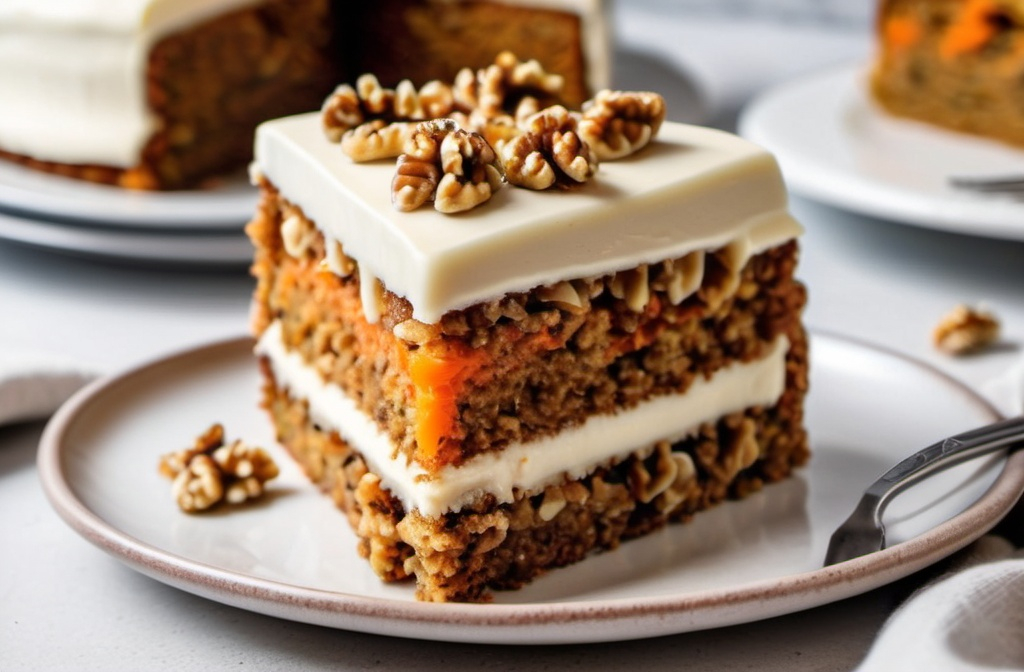 A slice of vegan carrot cake recipe topped with cream cheese frosting and garnished with walnuts, served on a white plate for a delicious plant-based dessert