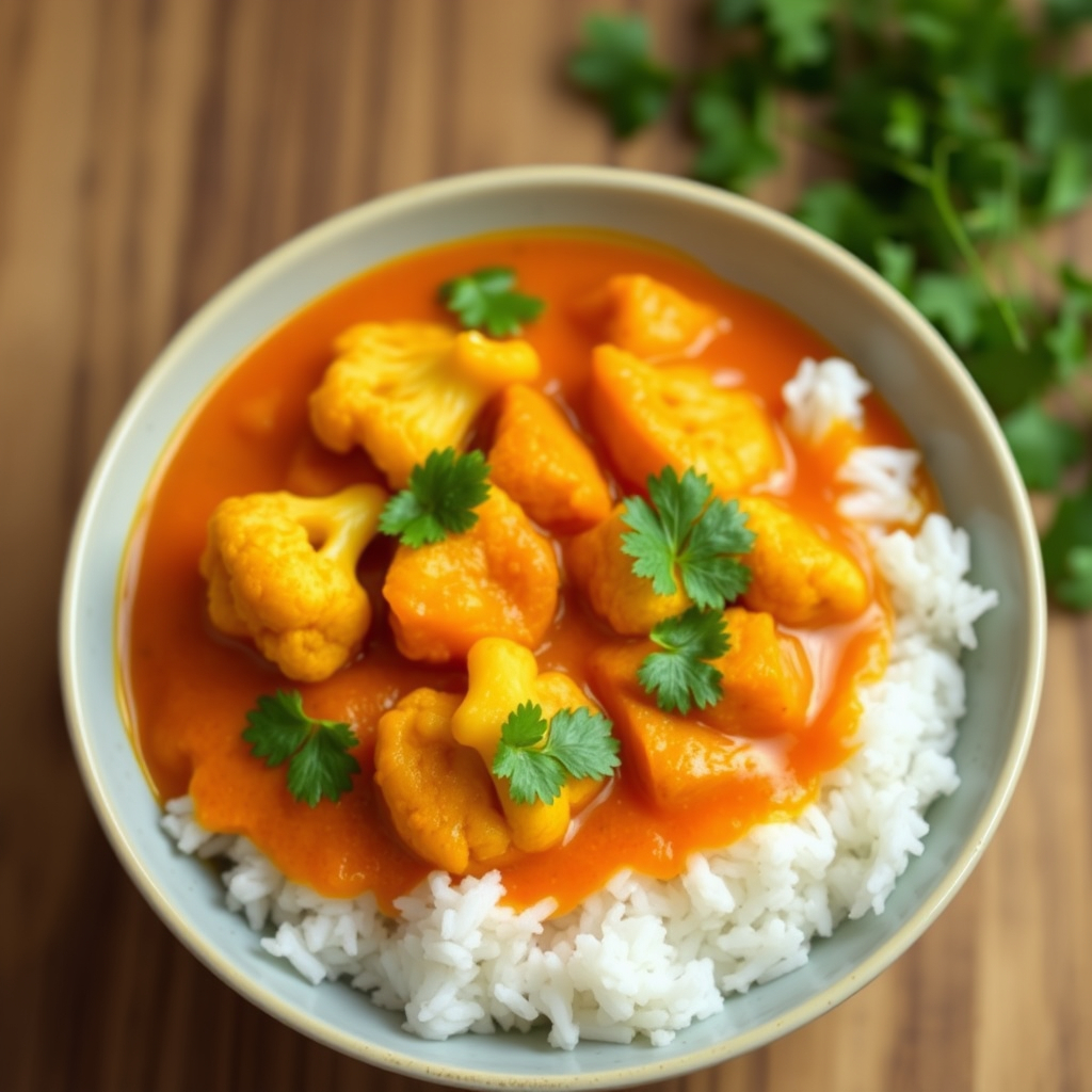 Flavorful vegan Indian cauliflower curry served with basmati rice.