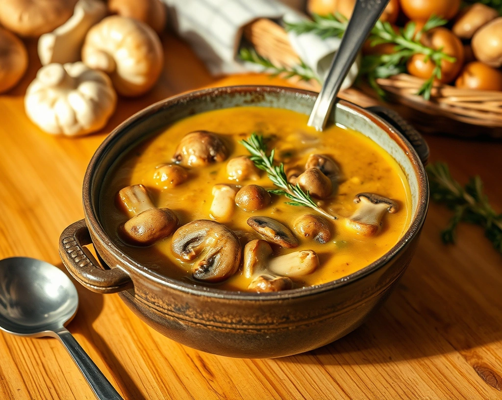 Creamy mushroom-based vegan gravy in a rustic bowl with sautéed mushrooms and fresh thyme garnish.