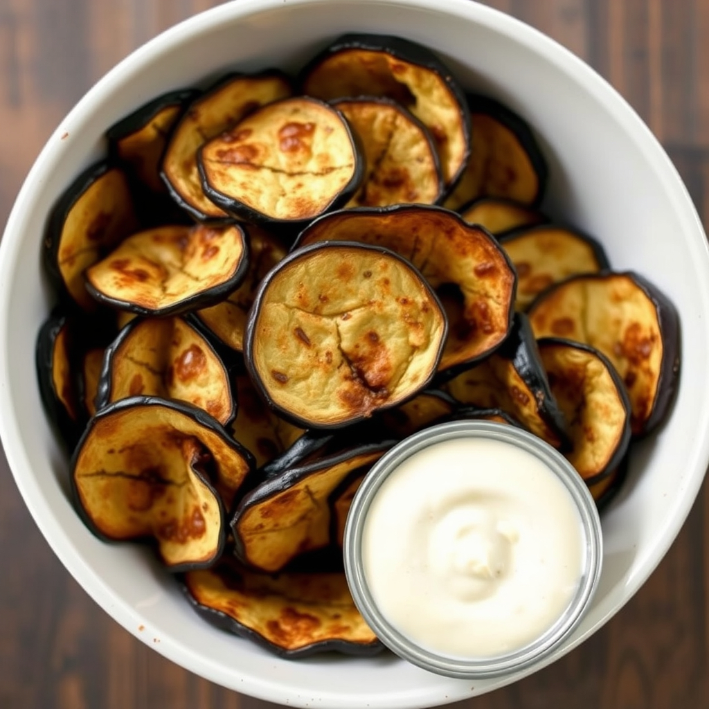 Crispy, golden eggplant chips served with a side of vegan aioli dipping sauce.