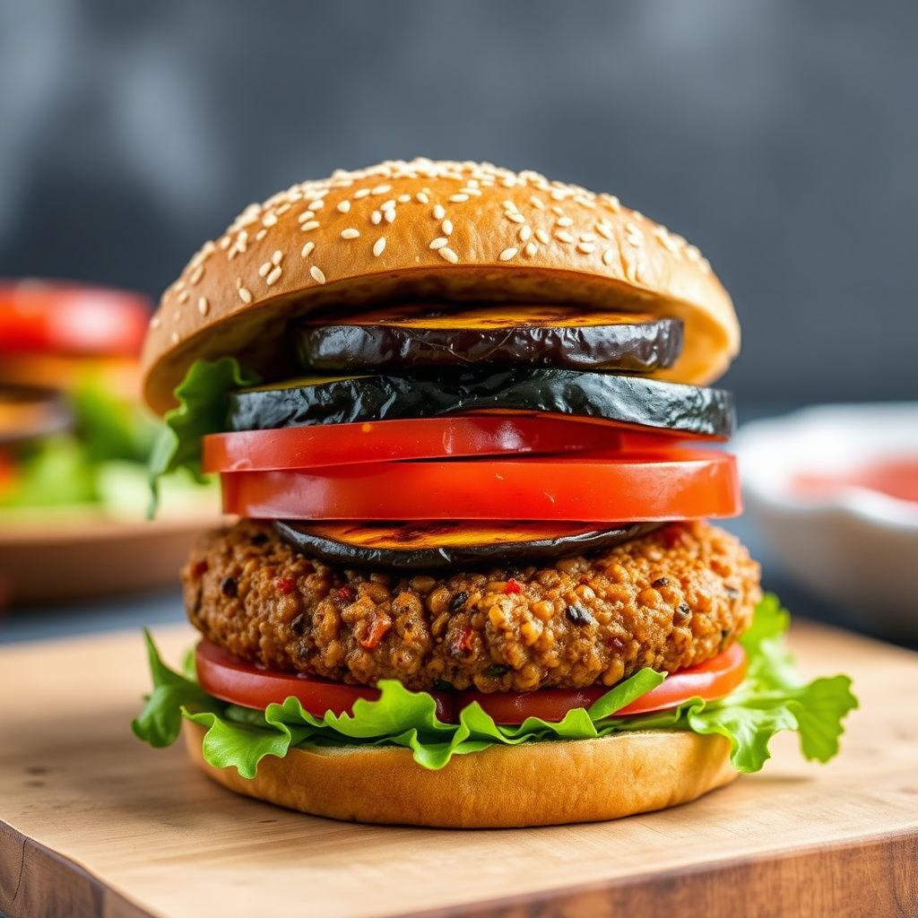 Vegan burger patty made with lentils and smoky eggplant, served in a sesame seed bun.