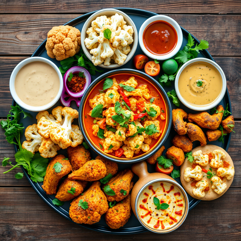 Assorted vegan cauliflower recipes displayed on a rustic table, including a bowl of cauliflower curry, buffalo cauliflower wings, roasted cauliflower steaks, creamy cauliflower soup, and a small cauliflower pizza garnished with fresh herbs.