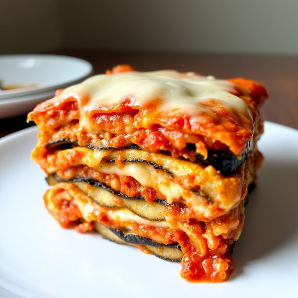 Layered vegan lasagna with roasted eggplant, cashew cheese, and marinara sauce.