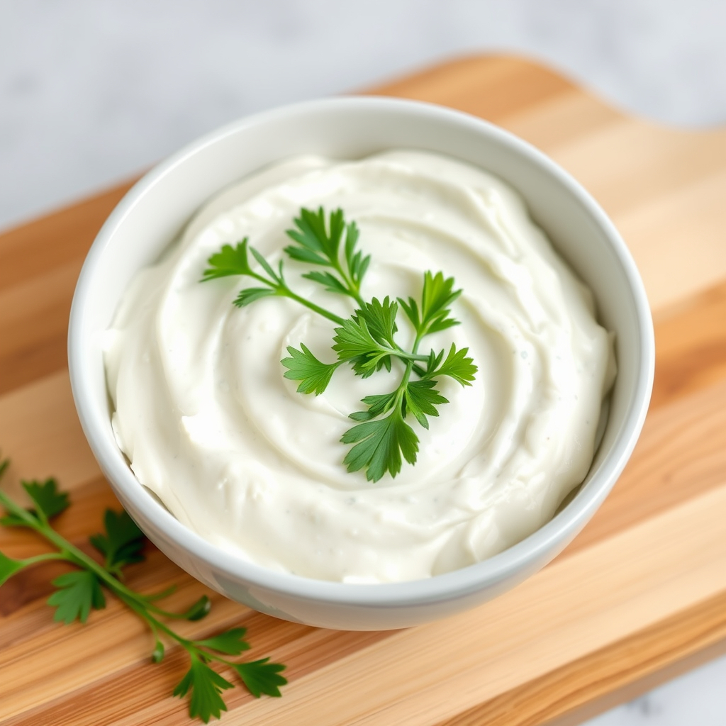 A bowl of creamy vegan cream cheese garnished with fresh parsley and chives on a wooden cutting board.