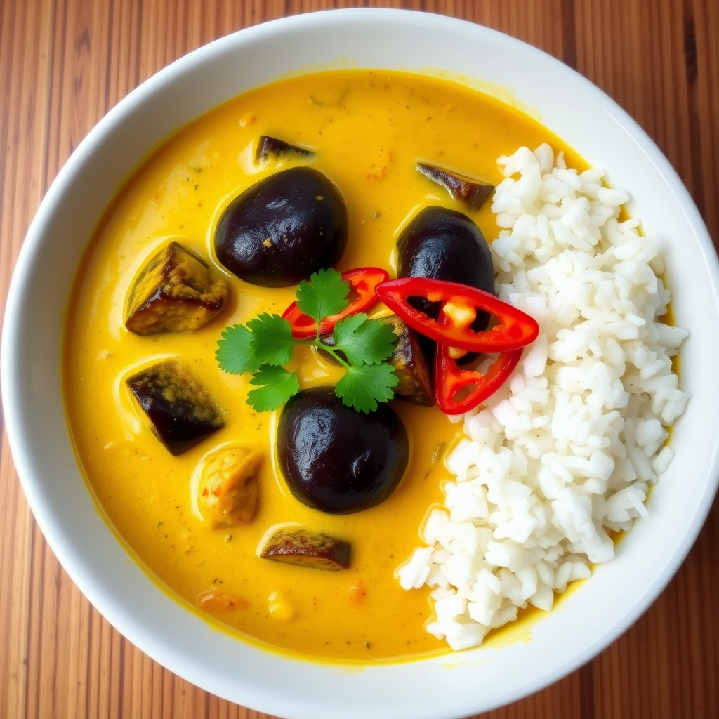 Creamy Thai coconut curry with eggplant pieces, red chilies, and cilantro.