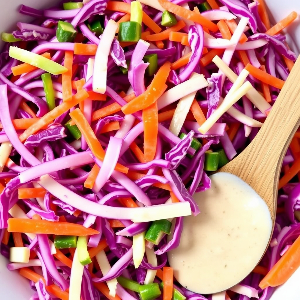 A bowl of rainbow vegan coleslaw made with red and green cabbage, carrots, and creamy plant-based dressing.