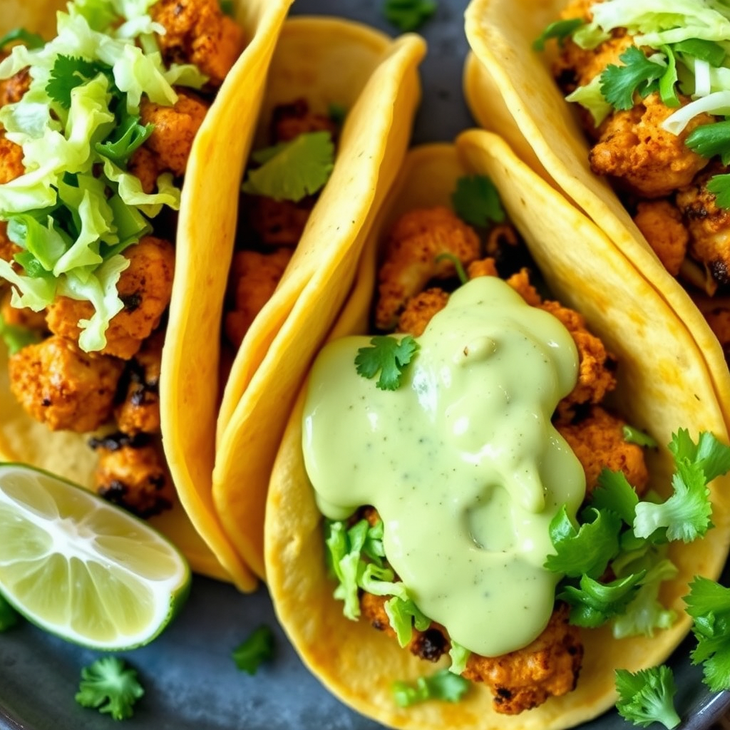 Spiced roasted cauliflower tacos topped with creamy avocado dressing and fresh vegetables.