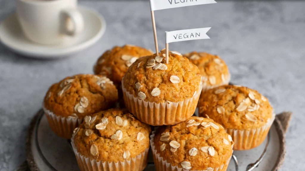 A stack of vegan banana muffins sprinkled with oats, displayed on a ceramic plate. Two small flags labeled 'VEGAN' stand on top of the muffins, with a cup of coffee in the blurred background on a gray countertop.