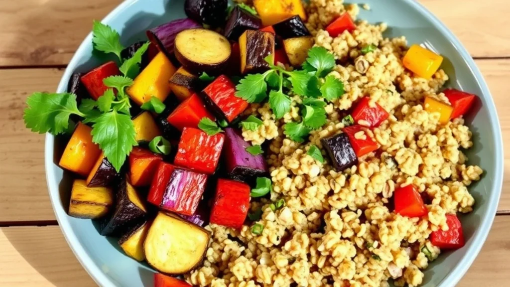 Vegan dinner plate with roasted vegetables, quinoa, and fresh herbs on a rustic wooden table.