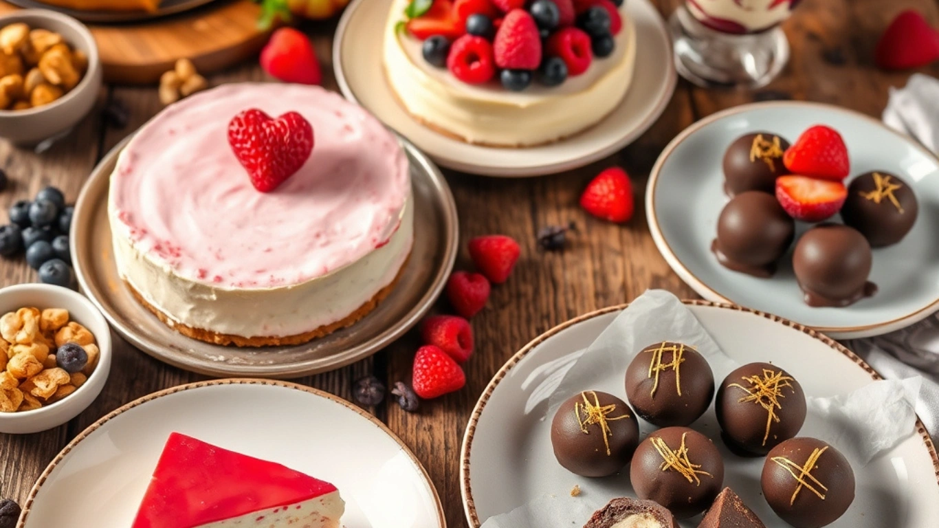 Assorted cottage cheese desserts, including cheesecake, parfait, and truffles, displayed with fresh fruits and nuts on a rustic table.