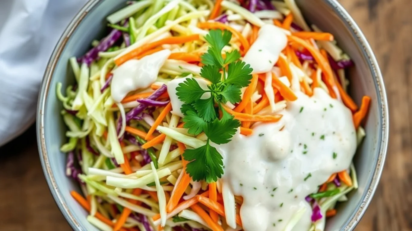 A bowl of vegan coleslaw with cabbage, carrots, and vegan dressing, garnished with parsley on a wooden table.