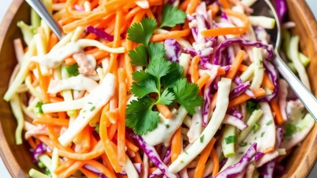 "Easy vegan coleslaw with red and green cabbage, carrots, parsley, and creamy vegan dressing in a wooden bowl – healthy plant-based side dish.