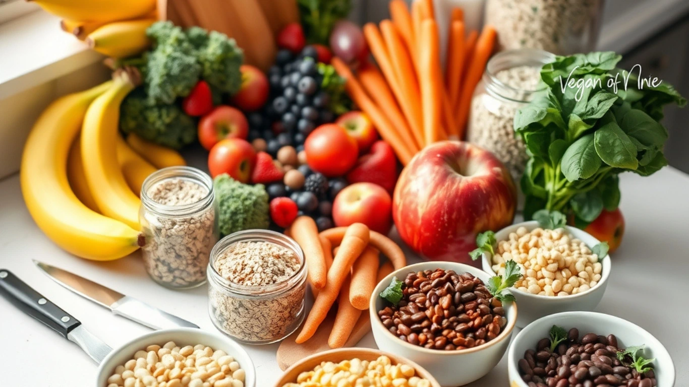 A clean kitchen counter with fresh vegan ingredients, including fruits, vegetables, grains, and legumes, ready for preparation in natural lighting.