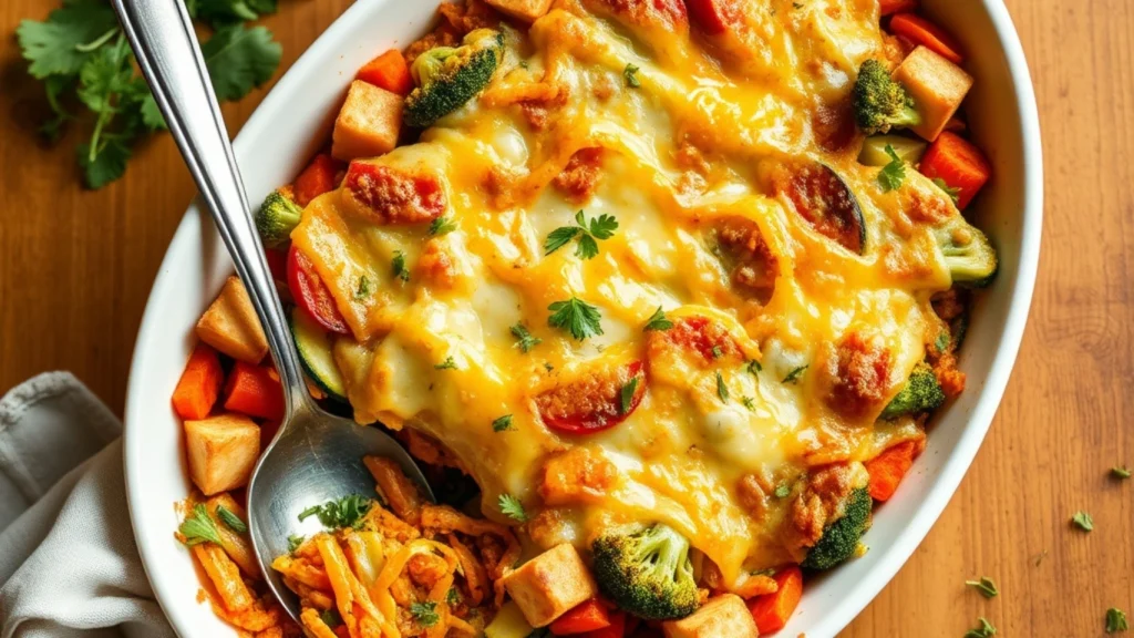 "Delicious vegetarian casserole with layers of zucchini, broccoli, and carrots, topped with melted golden cheese in a white baking dish on a wooden table.