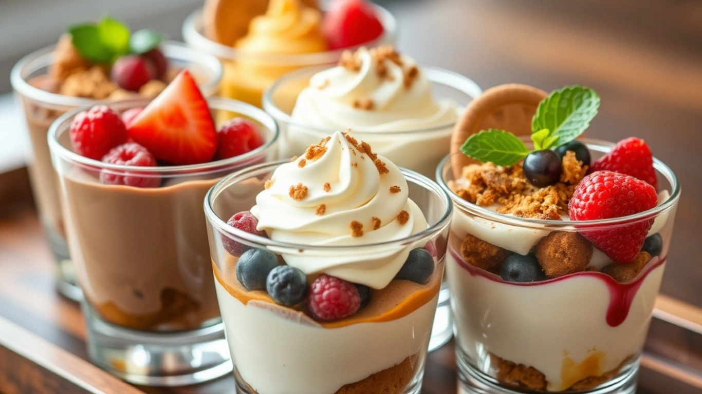 An assortment of dessert cups featuring chocolate mousse, fruit parfait, and pumpkin spice cream, garnished with fresh berries and mint leaves on a wooden tray.