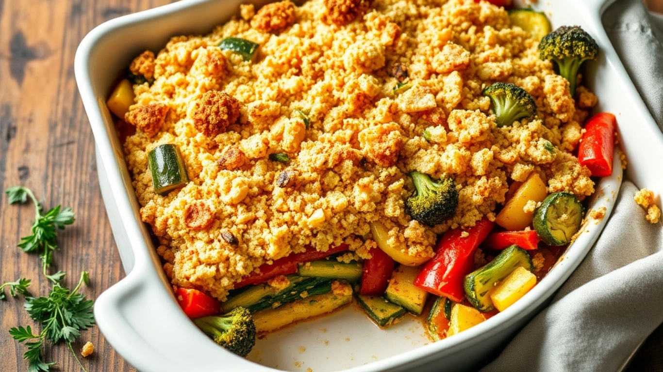 Freshly baked vegetarian casserole with colorful layers of zucchini, bell peppers, and broccoli, topped with golden breadcrumbs in a white ceramic dish on a rustic wooden table.