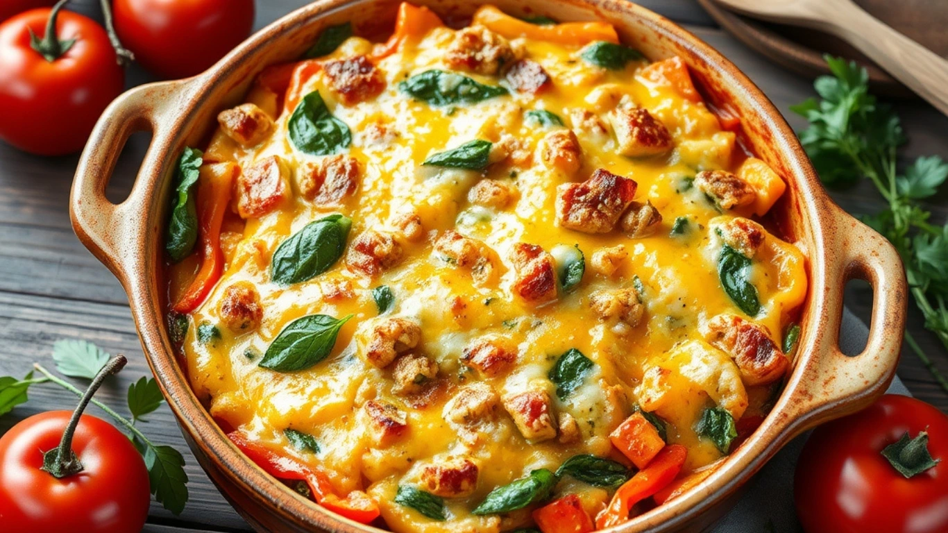 A freshly baked vegetarian casserole in a rustic ceramic dish, layered with colorful vegetables like zucchini, bell peppers, and spinach, topped with golden, bubbling cheese, surrounded by fresh tomatoes, herbs, and a wooden spoon on a rustic wooden table.