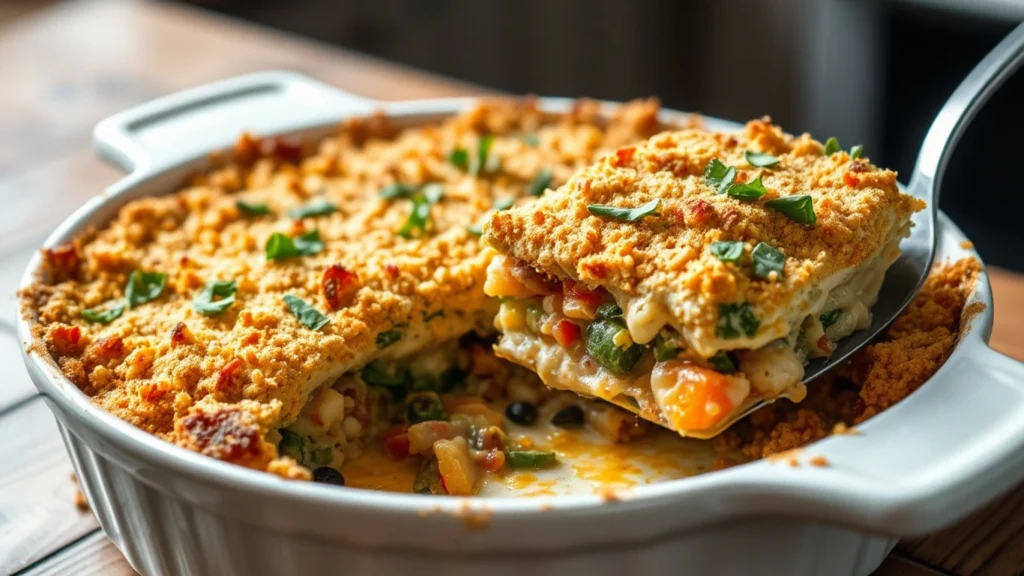 Beautifully baked vegan casserole topped with golden breadcrumbs and fresh herbs, with colorful vegetables and creamy sauce in a white ceramic dish.