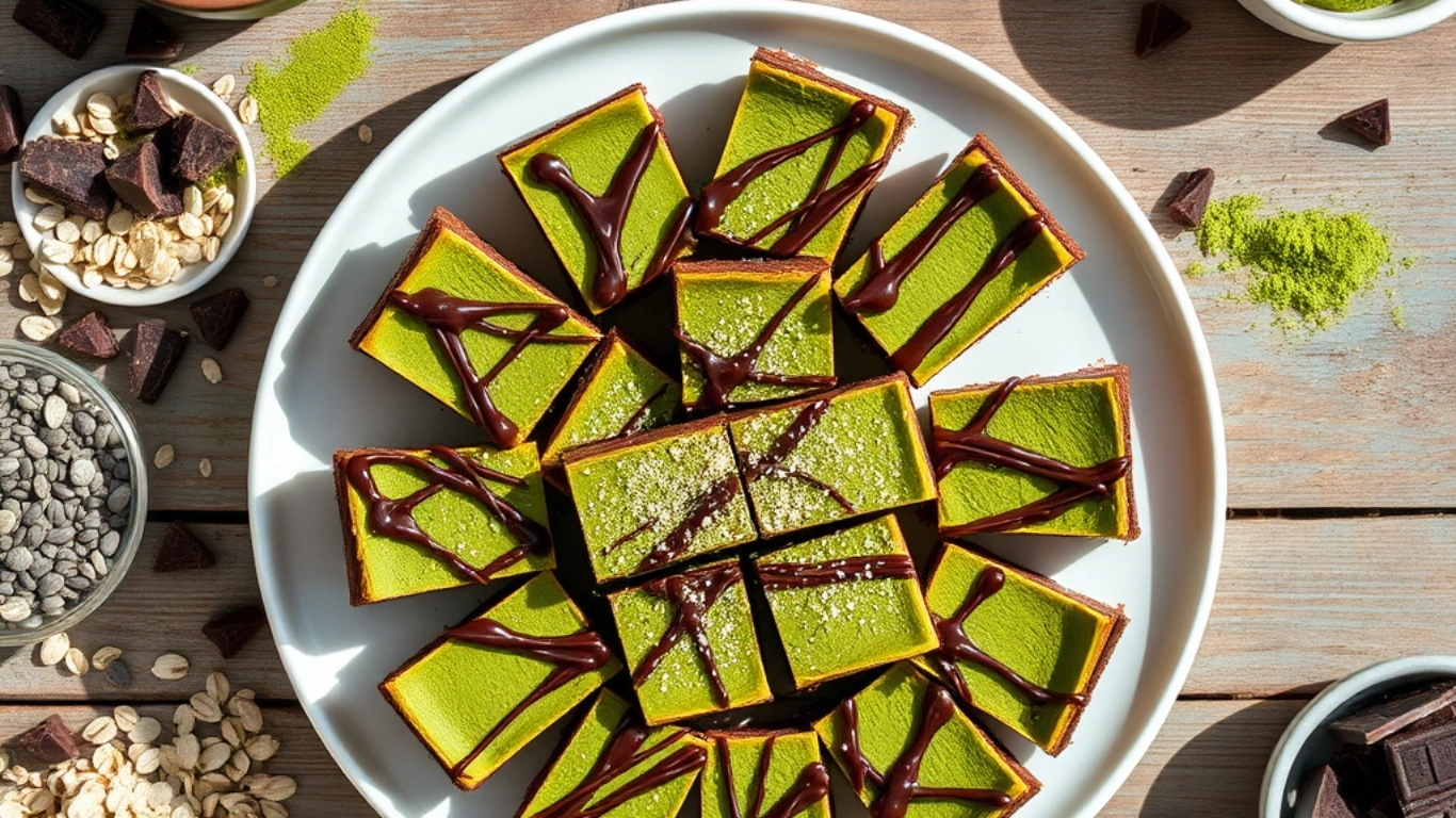 Neatly arranged vegan chocolate matcha energy bars on a plate, surrounded by ingredients like matcha powder, oats, and dark chocolate chunks.