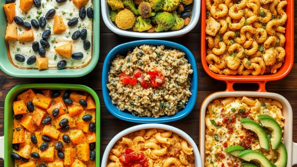 Overhead view of different vegan casseroles with vegetables, quinoa, and avocado slices in colorful baking dishes.