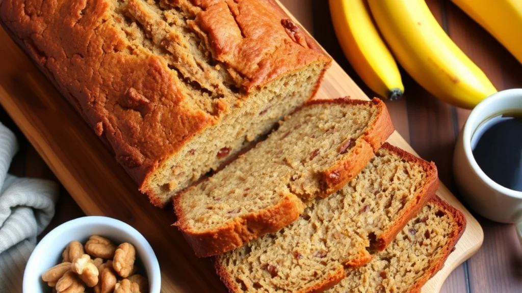 Best banana bread recipe with a sliced golden loaf on a wooden cutting board, surrounded by ripe bananas and a cozy kitchen setting.