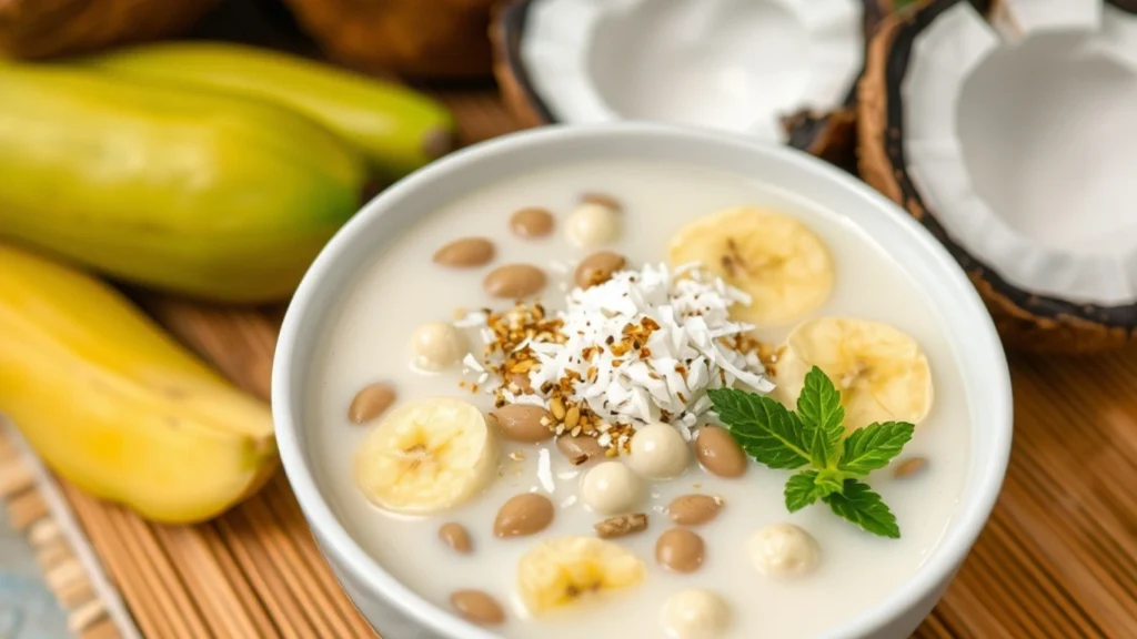 A vibrant bowl of vegan Vietnamese sweet soup dessert with tapioca pearls, mung beans, and bananas in creamy coconut milk, garnished with shredded coconut and sesame seeds, presented on a bamboo mat with tropical fruits and coconut shells in the background.