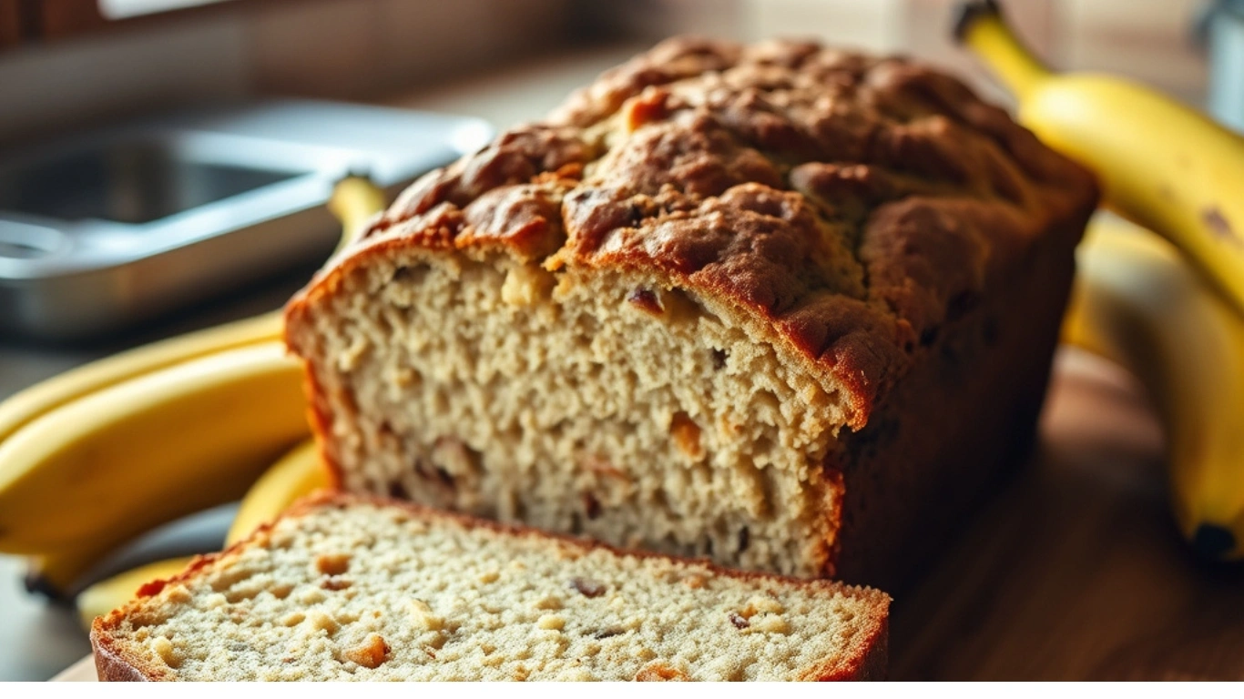 Freshly baked moist banana bread loaf on a wooden board, with a slice cut to show the fluffy interior, surrounded by bananas and butter.