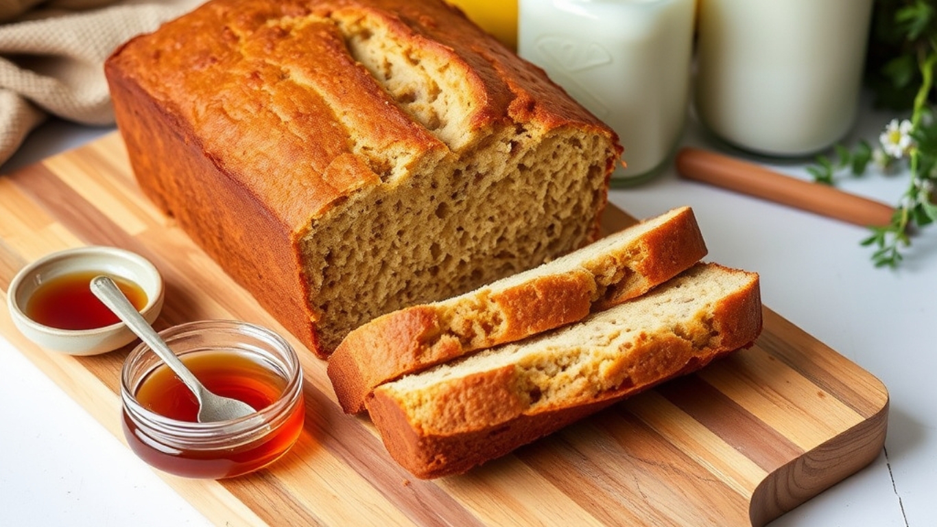 "Golden-brown vegan banana bread on a wooden cutting board, partially sliced, surrounded by bananas, maple syrup, and almond milk in a cozy kitchen setting.