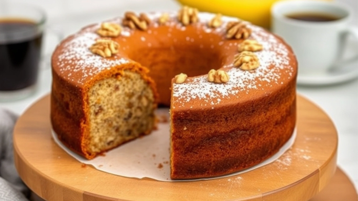 A whole vegan banana cake on a wooden stand, partially sliced to reveal its moist texture, topped with chopped walnuts and powdered sugar, with a cozy kitchen scene in the background.