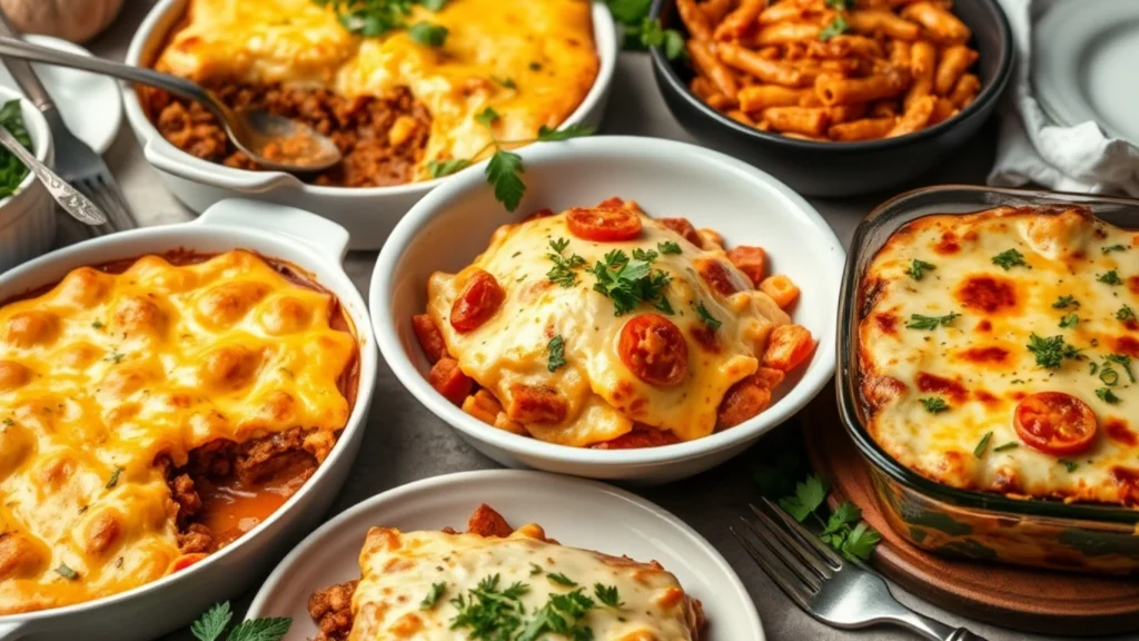 Assortment of vegan casserole dishes including shepherd’s pie, lasagna, and enchilada bake, styled with fresh herbs and rustic utensils on a table.