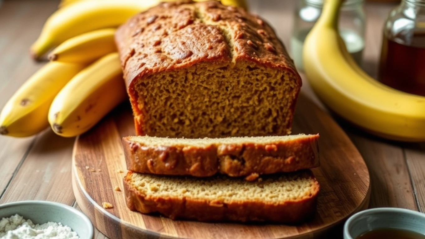 Vegan gluten-free banana bread loaf sliced on a wooden board, surrounded by bananas, gluten-free flour, and maple syrup in a cozy kitchen.