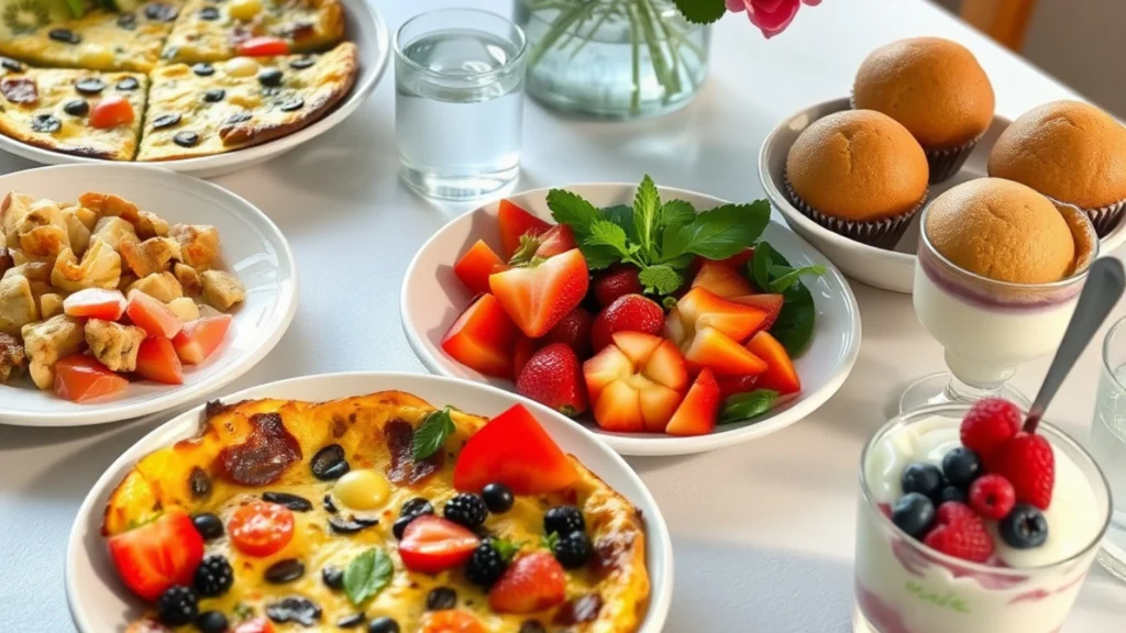 Brunch table with vegetable frittata, fruit salad, muffins, and yogurt parfaits surrounded by flowers and natural lighting.