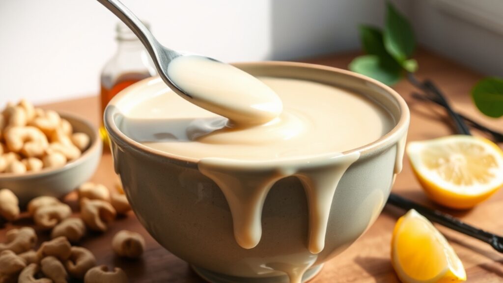 A bowl of creamy vegan cashew glaze surrounded by raw cashews, a bottle of maple syrup, a vanilla pod, and a lemon wedge on a wooden countertop.