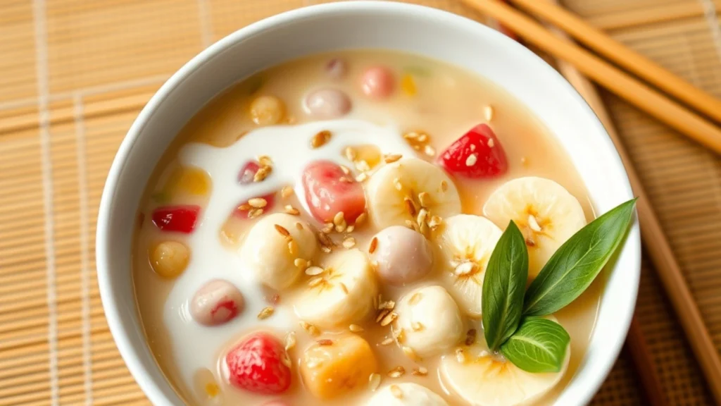 A white bowl of vegan Vietnamese sweet soup (chè) garnished with sesame seeds and pandan leaves, placed on a bamboo mat.