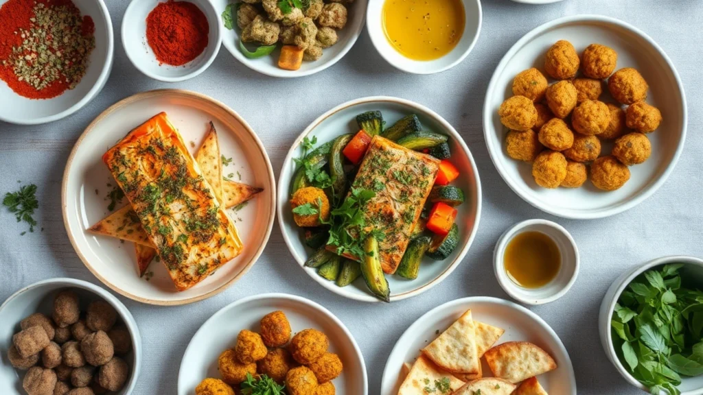 Table filled with Mediterranean air fryer dishes, including herb-crusted salmon, falafel, roasted vegetables, and pita chips, garnished with fresh herbs and spices.