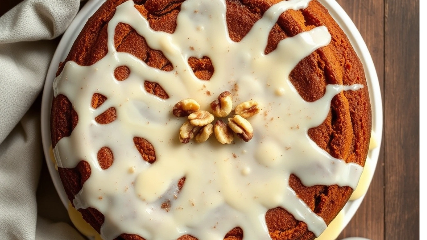 Moist carrot cake topped with vegan cashew glaze and garnished with chopped walnuts on a rustic wooden table.