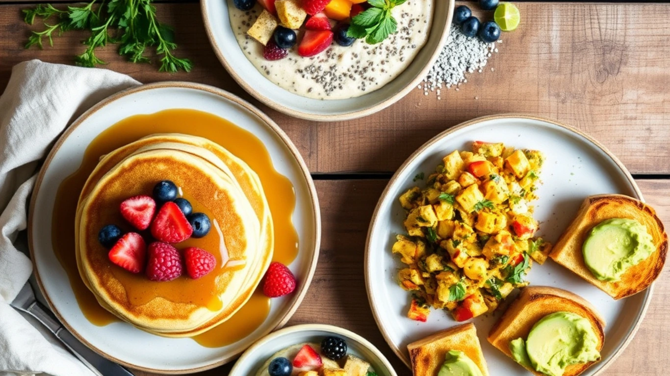 Overhead view of a vegan brunch spread with pancakes, chia seed pudding, tofu scramble, avocado toast, and fresh fruits on a rustic table.