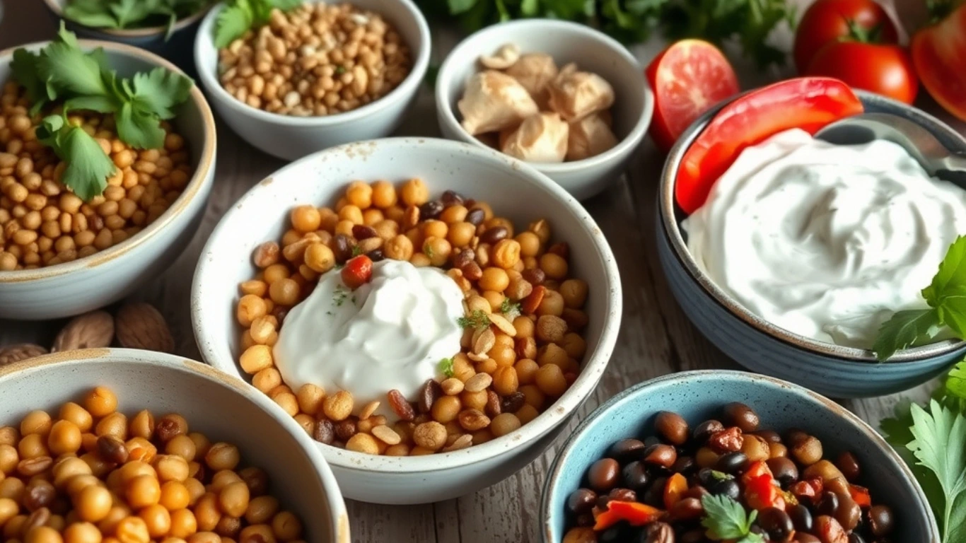 Mediterranean vegetarian protein sources including lentils, chickpeas, nuts, seeds, and Greek yogurt on a rustic table with olive oil and herbs.