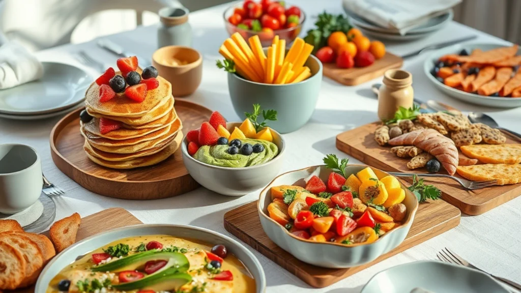 "A vegan brunch table setup with banana pancakes, chia pudding, avocado hummus, tofu scramble, and fruit platters, styled with eco-friendly tableware and natural sunlight.