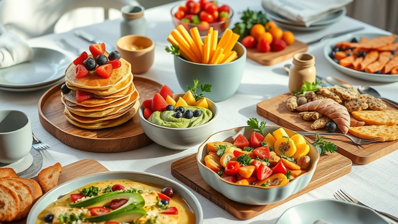 "A vegan brunch table setup with banana pancakes, chia pudding, avocado hummus, tofu scramble, and fruit platters, styled with eco-friendly tableware and natural sunlight.