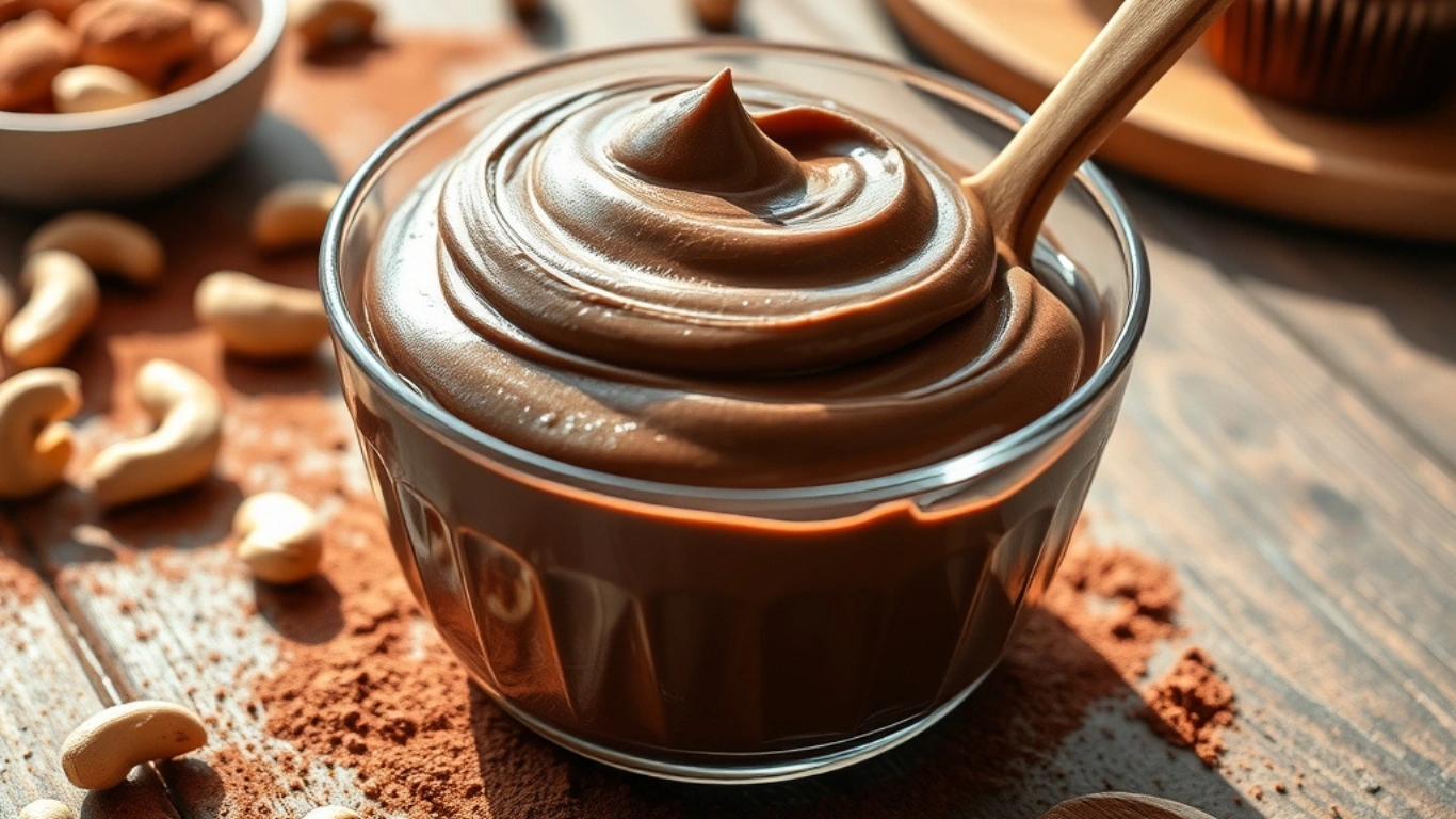 Vegan chocolate cashew frosting in a glass bowl surrounded by raw cashews and cocoa powder, perfect for cakes and desserts.