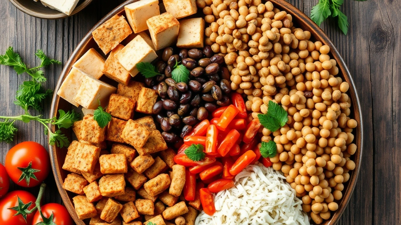 Variety of Mediterranean meat substitutes including tofu, tempeh, and legumes, surrounded by fresh vegetables like tomatoes and olives, representing healthy plant-based eating.