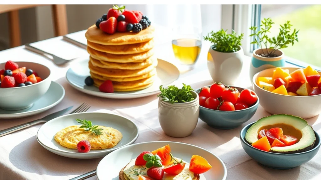 Vegan brunch table featuring pancakes with berries, chickpea omelet, avocado toast, and a fruit platter, styled with eco-friendly tableware